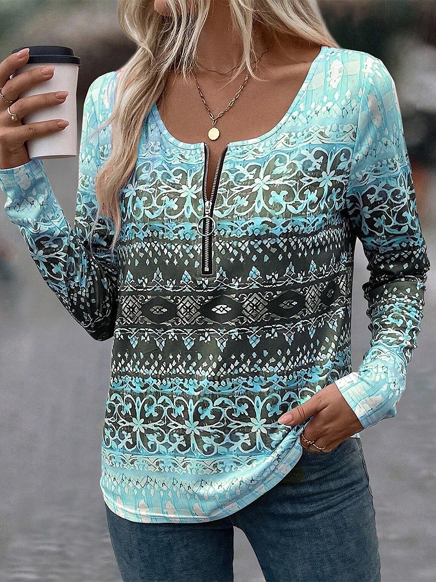 Per donna Maglietta Ombre Gradiente di Colore Elegante Moderno Casual Manica Lunga Scollo a V Top Regolari Quotidiano Weekend Cerniera Stampato Rosa Blu Estate Primavera del 2025 a $27.99 –P3