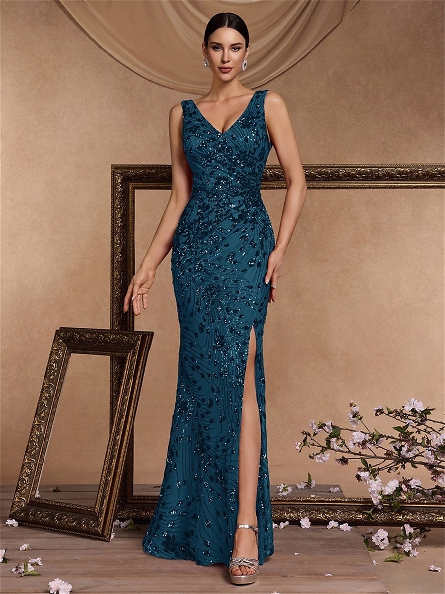 Robe de quinzième anniversaire sirène  trompette élégante robe formelle invitée de mariage longueur sol sans manches décolleté en V sequins dos en V avec fente en sequins de 2025 ? $109.99 –P9