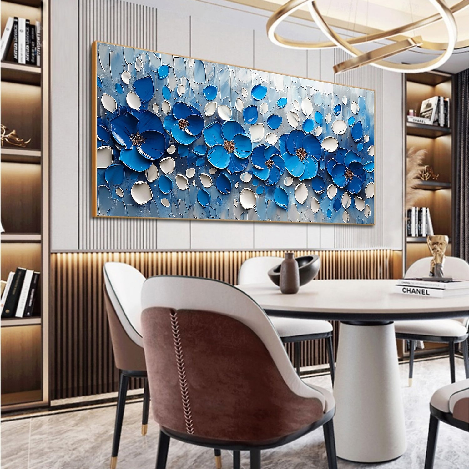 Pintura a óleo texturizada floral azul original feita à mão sobre tela abstrata com flores para decoração de parede com moldura esticada sem moldura interna de 2025 por $170.99 –P5