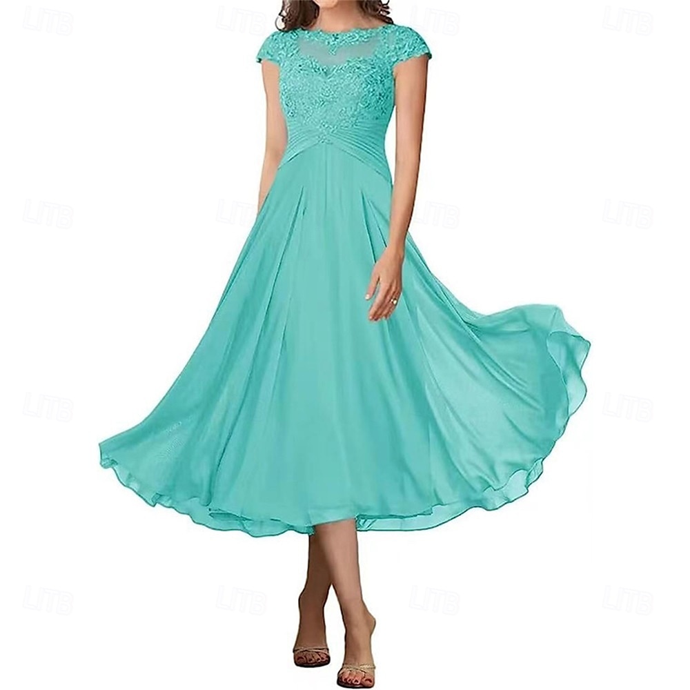 A-Linie Brautmutterkleid Elegant Einfach Rundhalsausschnitt Knöchellänge Chiffon Kurzarm mit Falten Einfarbig 2025 2025 - $119.99 –P11