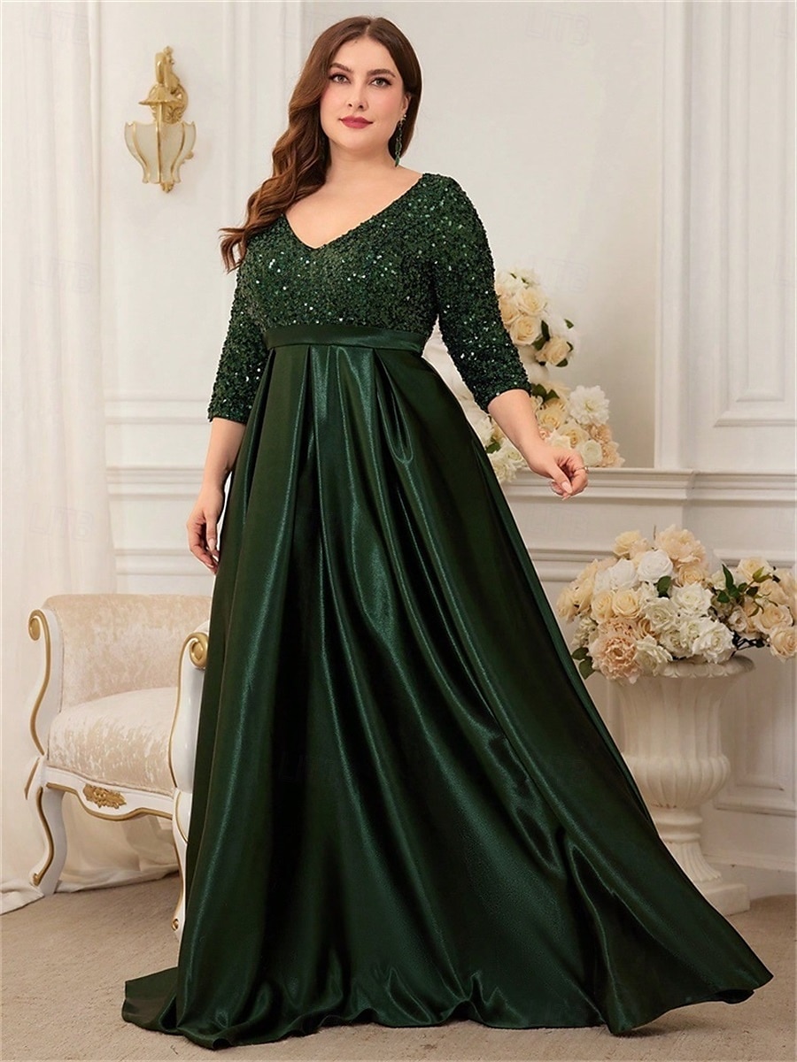 A-Linie Plus-Size Kleider Elegantes Kurvenkleid Formelle Hochzeit Bodenlänge 3/4 Länge Ärmel V-Ausschnitt Satin mit Pailletten 2025 - $119.99 –P4