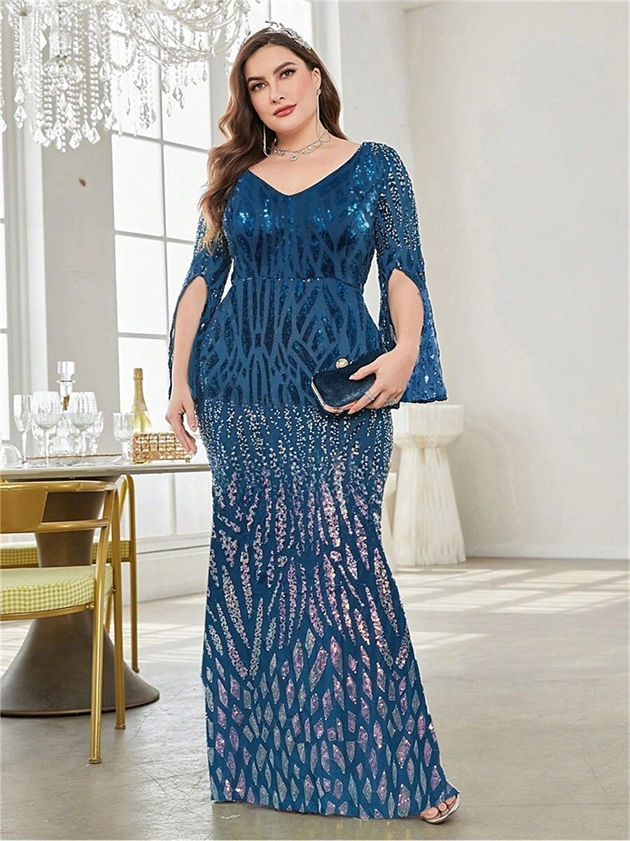 Mermaid / Trumpet Plus Size Dresses Elegant Curve Dress Formal Wedding Floor Length Long Sleeve V Neck Polyester with Sequin 2025 - $119.99 –P21
