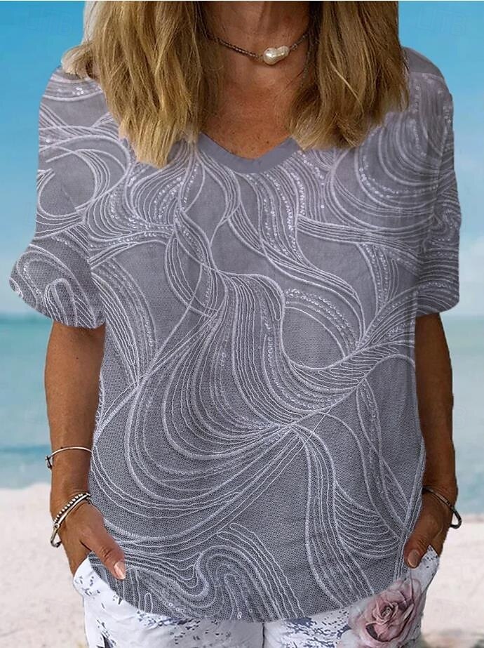 Dames Overhemd Grafisch Geometrisch Gestreept Stijlvol Klassiek Casual Korte mouw V-hals Normale tops Dagelijks Strand Kleding Vakantiekleding Afdrukken blauw Grijs Zomer Lente 2025 - $19.99 –P2