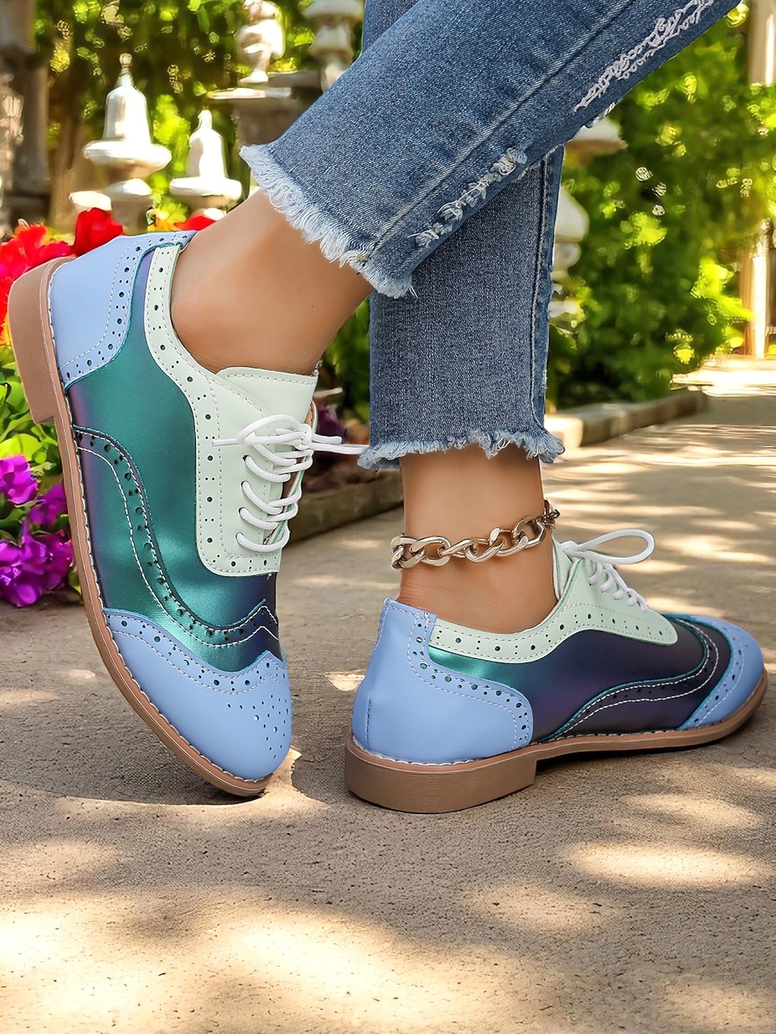 Dámské barevně blokové oxfordské boty s křídlovou špičkou, retro šněrovací brogue boty z 50. let s duhovými panely pro ležérní výlety a vintage styl. 2025 - $29.99 –P4