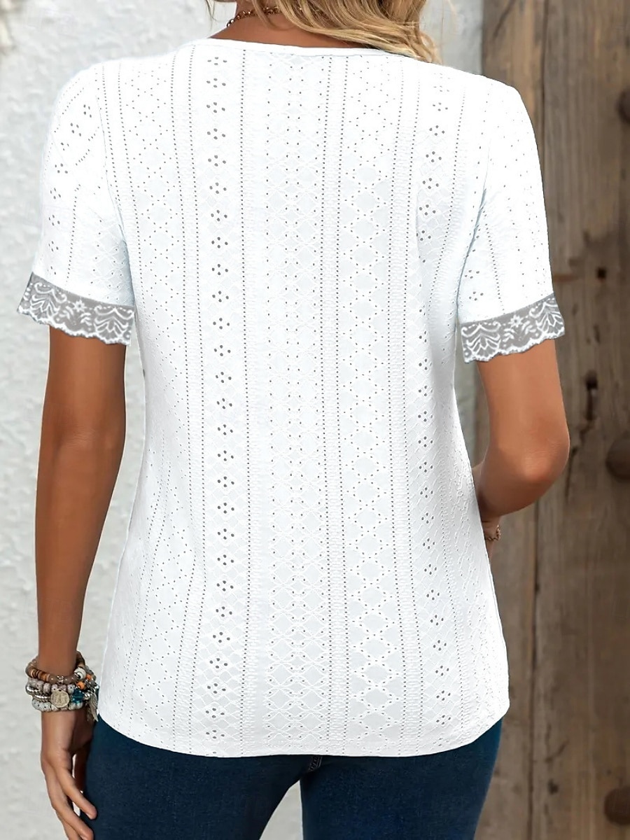Mulheres Camisa de renda Côr Sólida à moda Casual Estilo Praia Manga Curta Decote V Tops regulares Diário Renda Patchwork Botões Branco Azul Céu Verão de 2025 por $17.99 –P5