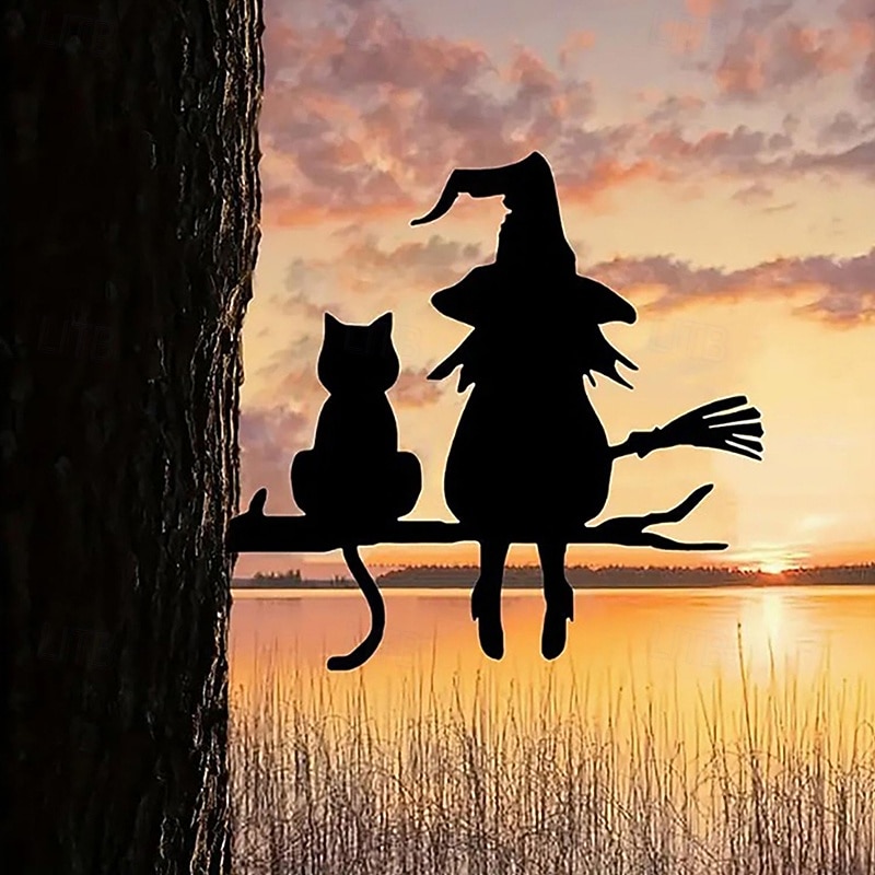 Decoração de jardim de Halloween com silhueta de metal, bruxa fofa e gato, estaca de jardim de metal à prova d'água, decoração de arte de jardim ao ar livre de Halloween de 2026 por $12.49 –P2