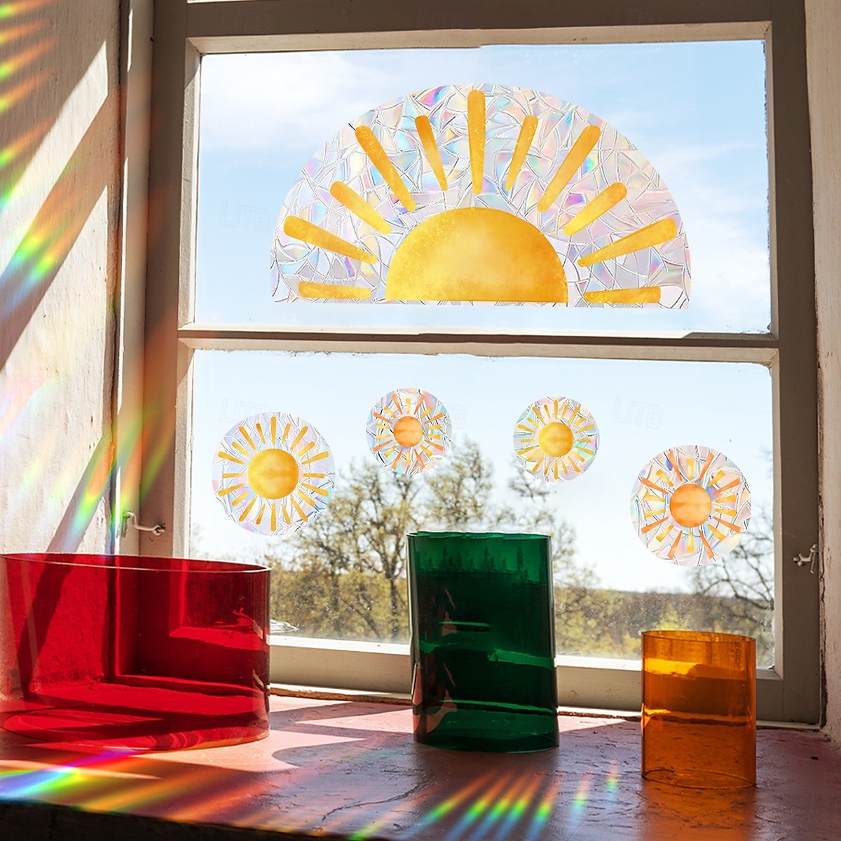 Радужные облака и переливающийся солнечный свет, статическая наклейка на окно, самоклеящаяся наклейка на стекло для украшения дома и витрины, наклейка на витражное окно 2025 - $11.49 –P7