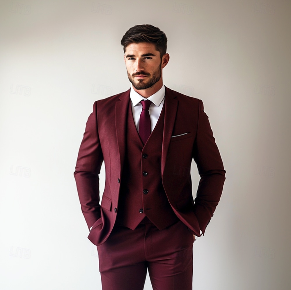 Heren liiketoiminta Kostuums Bordeaux Formeel Werk Kleding Effen Standaard pasvorm 3-delige set Enkele rij knopen met twee knopen 2025 - $122.99 –P1
