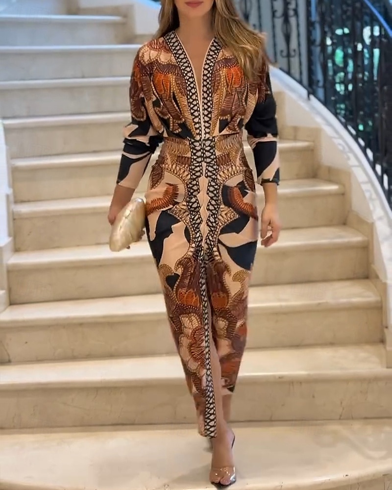 Femmes Robe Midi Robe Portefeuille Vacances Occasionnel Boho Extérieur Sortir Plage Coupe Ample Fleuri Graphique Paisley manche longue Col en V Orange Été Printemps de 2025 ? $41.99 –P5