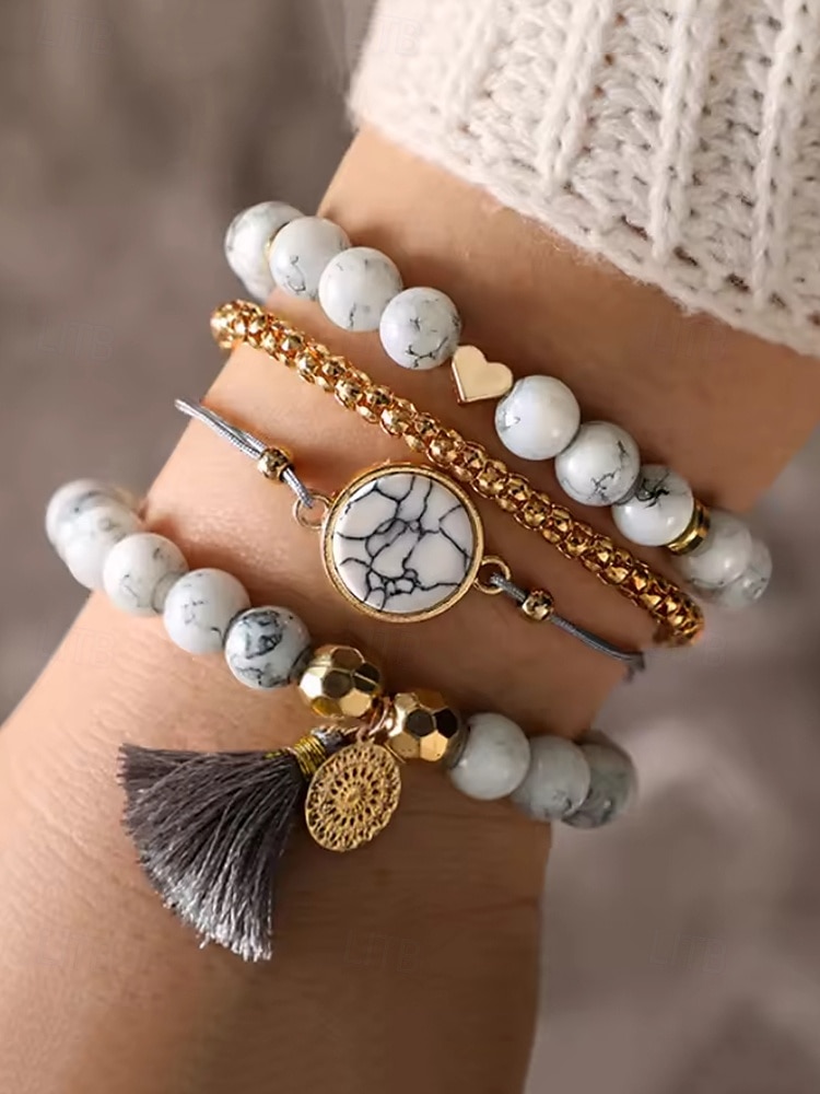Set di braccialetti con perline di howlite da donna: stile boho a strati con ciondolo a forma di cuore, pendente in marmo e nappa per abbigliamento casual, outfit da spiaggia e regali del 2025 a $9.99 –P3