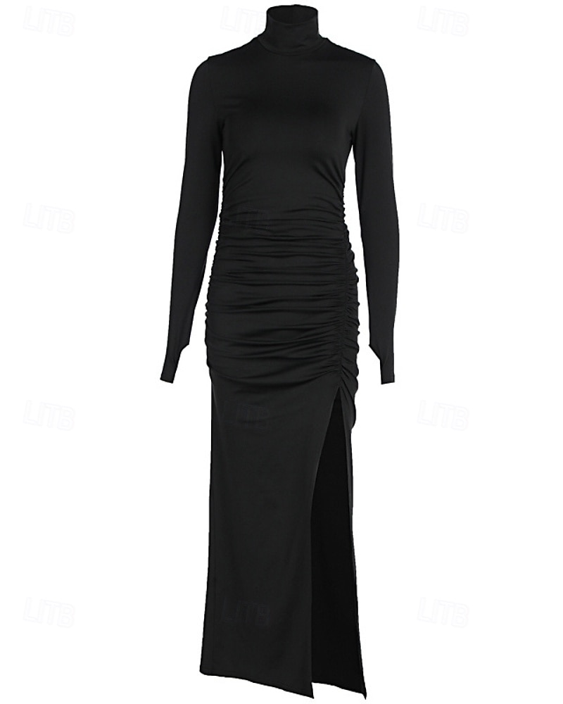 Damen Langes Kleid Maxikleid Samtkleid Cocktailkleid Bodycon Gerafftes Kleid Mode Klassisch Urlaub Täglich Abendgesellschaft Normale Passform Einfach Langarm Rollkragen Schwarz Herbst 2025 - $26.99 –P5