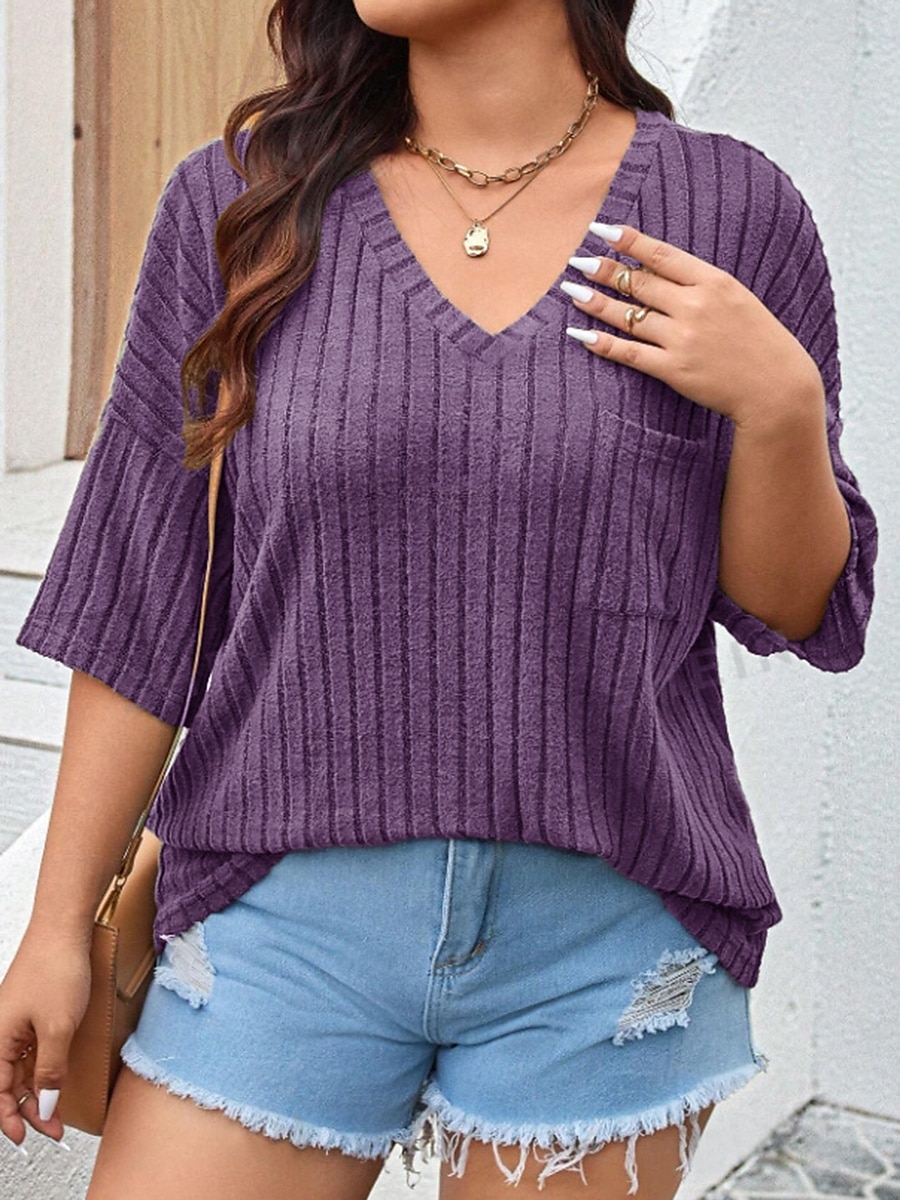 Women's Plus Size Tops T Shirt Solid Color Pocket Short Sleeve V Neck Casual Daily Polyester Summer Spring Black Wine 2025 - $22.99 –P8