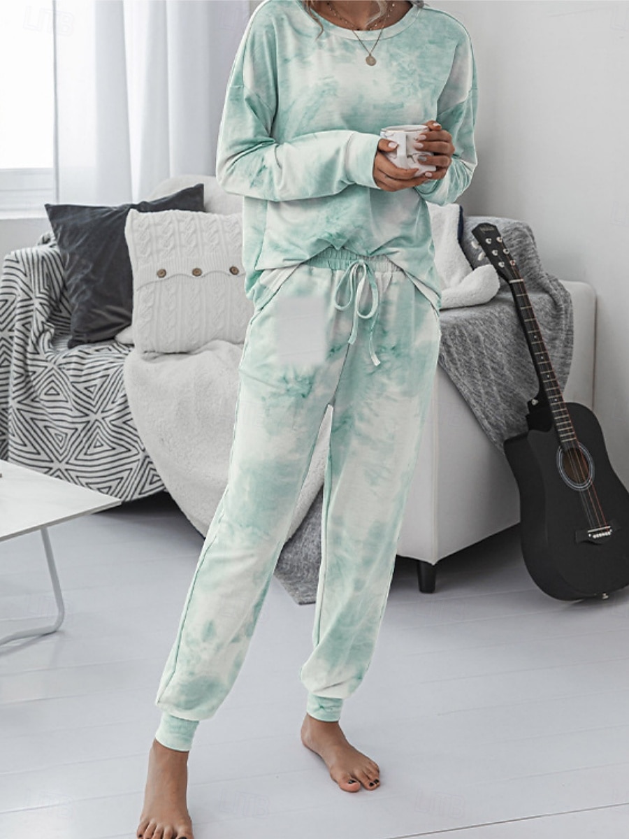 Damskie Zestawy piżamowe Codzienny Wygoda Wzór tie-dye Elastyczny pas Podkoszulek Nogawka Dom Codzienny Długi rękaw Półgolf Rumiany róż Niebieski Zielony Tęczowy Szary Lato Wiosna Jesień Regularny 2025 - $23.99 –P3