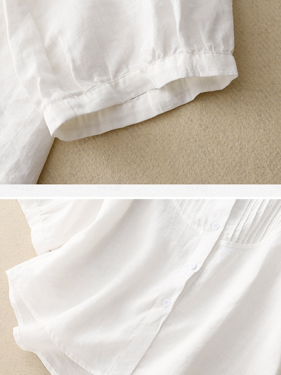 Per donna Camicie di cotone e lino Tinta unica Elegante Essenziale Casual Manica 3/4 Colletto a Camicia Top Regolari Quotidiano Bottoni Bianco Rosa Azzurro Estate del 2025 a $34.99 –P11