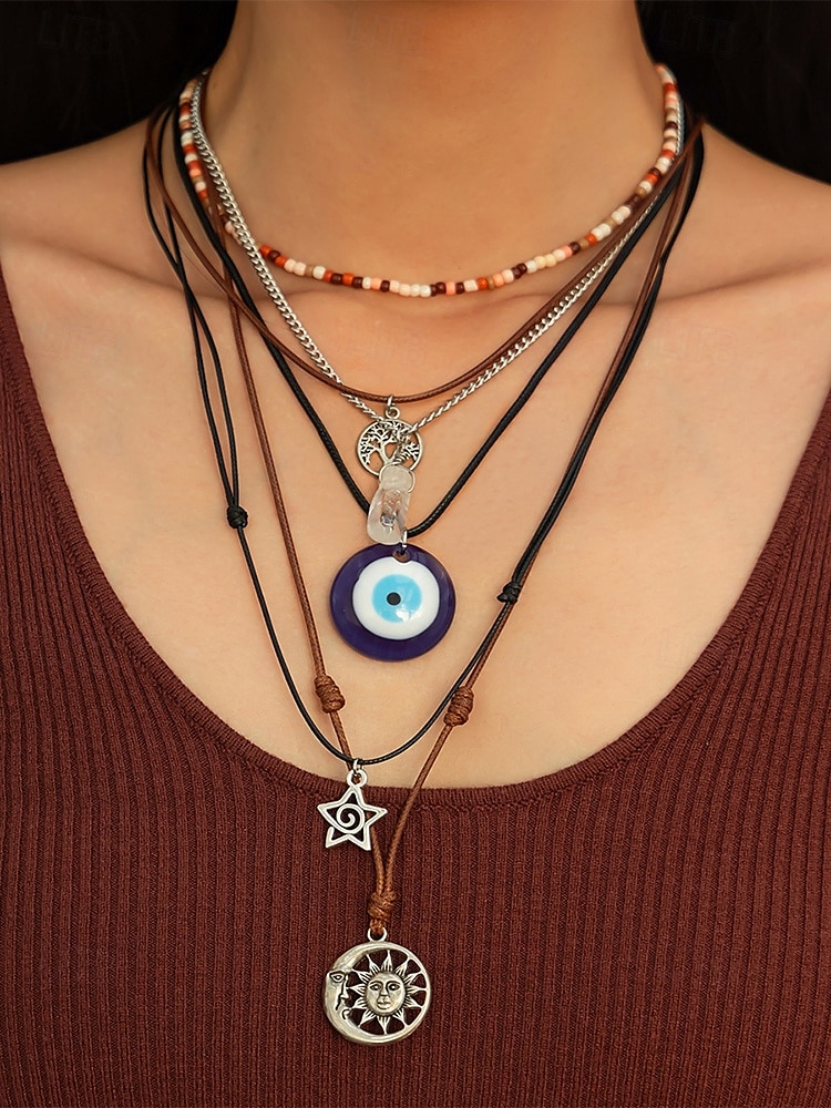 Ensemble de colliers à breloques bohèmes superposés pour femmes – pendentifs multicouches mauvais œil, soleil et étoile avec tour de cou en perles, pour la mode spirituelle, les festivals et le quotidien de 2025 ? $11.99 –P1