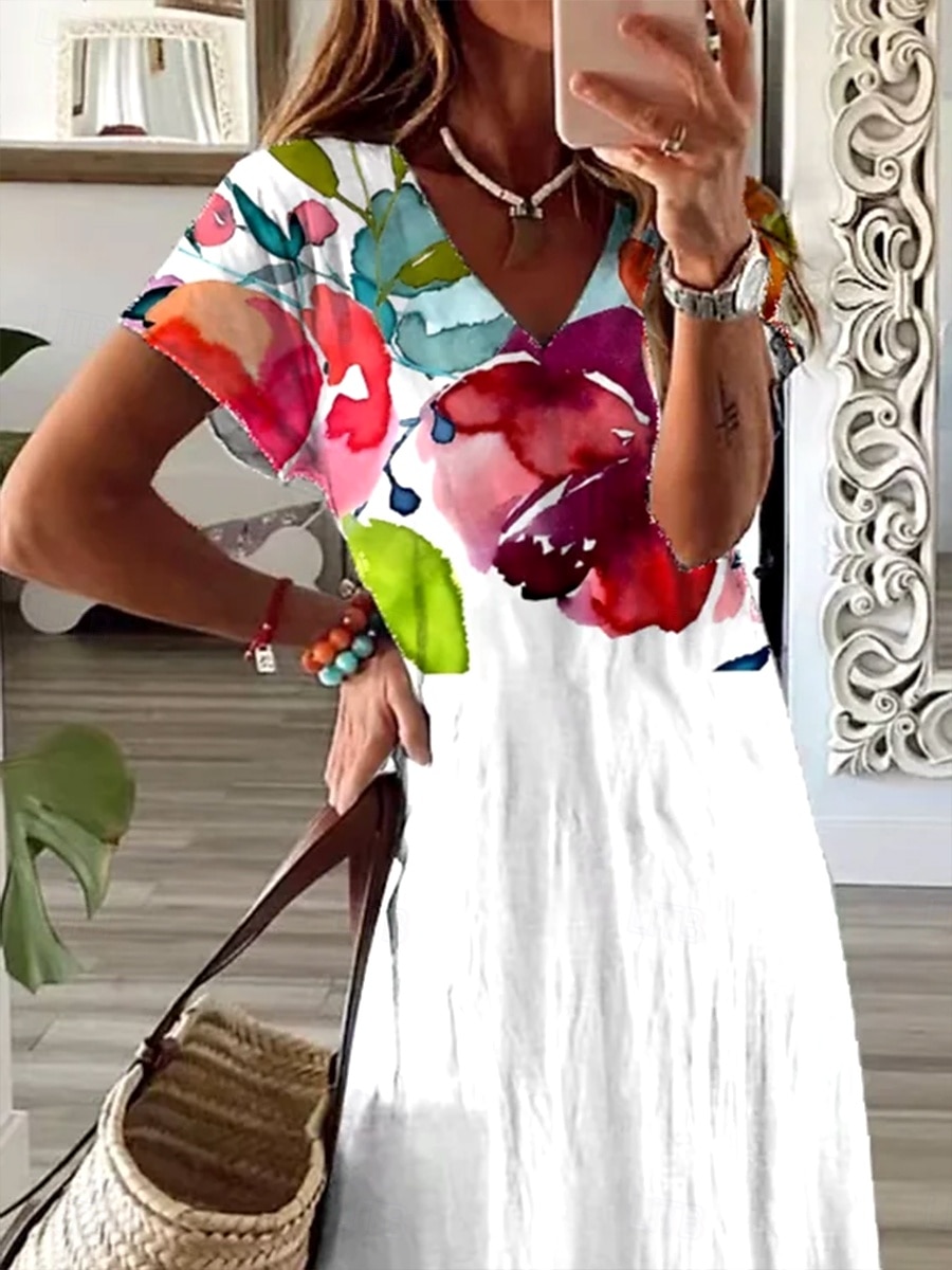 Damen Maxikleid Freizeitkleid Sommerkleid A Linie Kleid Elegant Urlaub Lässig Ferien Strand Normale Passform Ombre Blumen Grafik Kurzarm V Ausschnitt Weiß Sommer Frühling 2025 - $29.99 –P2