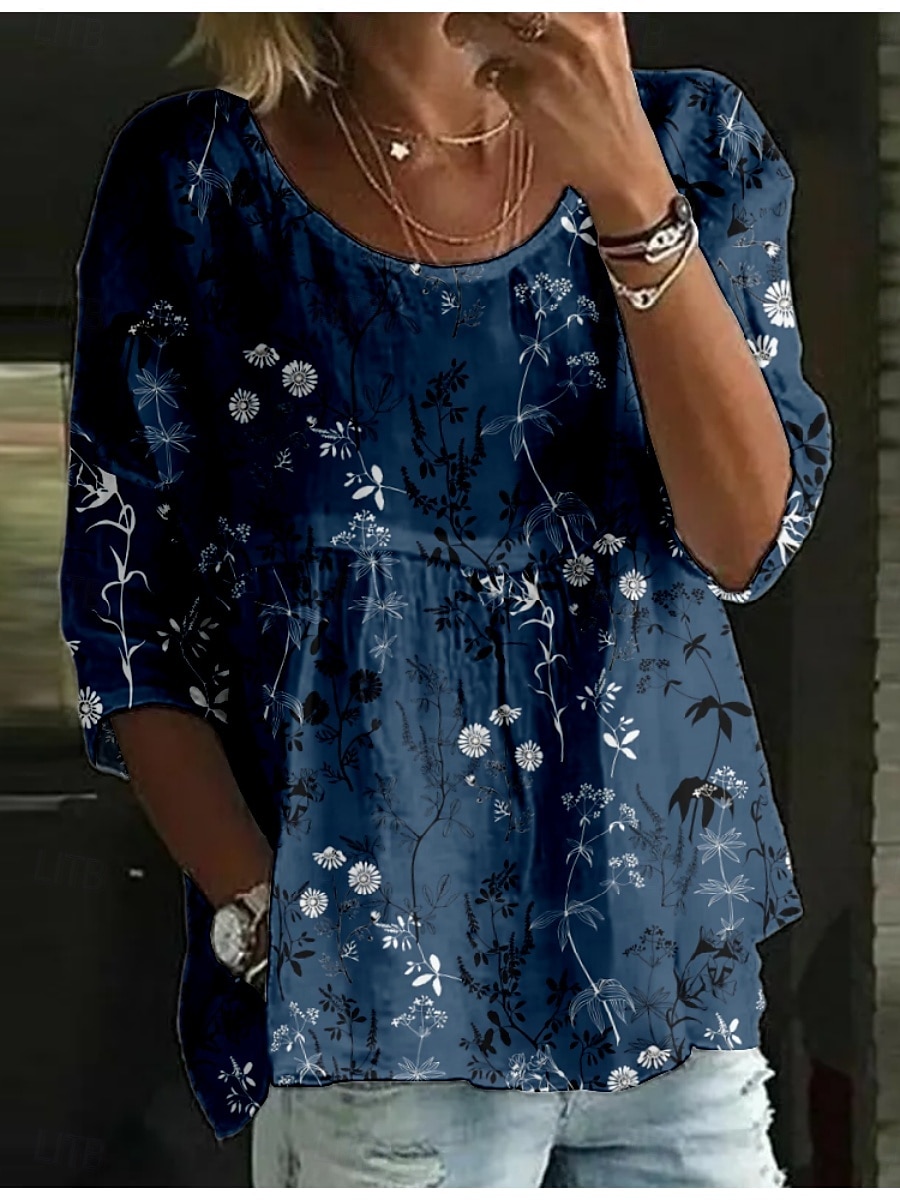 Dame Bluse Blomstret Stilfull 3/4 ermer Crew-hals Vanlige topper Daglig Ferie Trykt mønster Hvit Navyblå Blå Himmelblå Kakifarget Sommer 2025 - $16.99 –P2