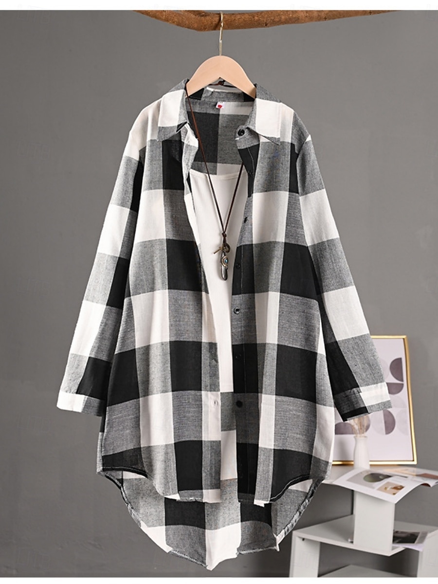 Damskie Szałat Wygodny Oddychający Guziki Nadruk Codzienny Kratka Urlop Ulica Codzienny Dzienne zużycie Guziki jednorzędowe Długie Wieczorne Regularny Długi rękaw Odzież wierzchnia Czarny i biały 2025 - $22.99 –P7