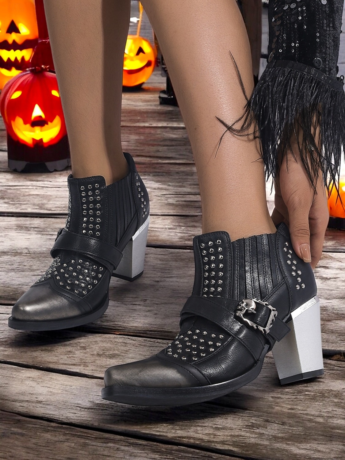 női 1980-as évekbeli fekete gótikus bokacsizma koponyacsattal és szegecsekkel, vastag sarkú punk bokacsizma halloweeni buliba és esti kiruccanásokra 2025 - $54.99 –P2