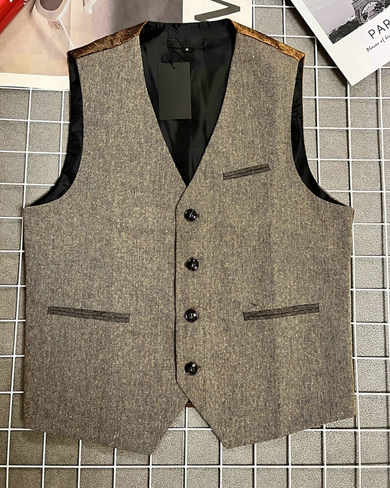 Herren Weste Gilet Urlaub Party Geschäft Mode Lässig Sommer Frühling Tasche Knöpfe Polyester Bequem Farbblock Einreihig Ein-Knopf V Ausschnitt Normale Passform Kaffee Weste 2025 - $31.99 –P3