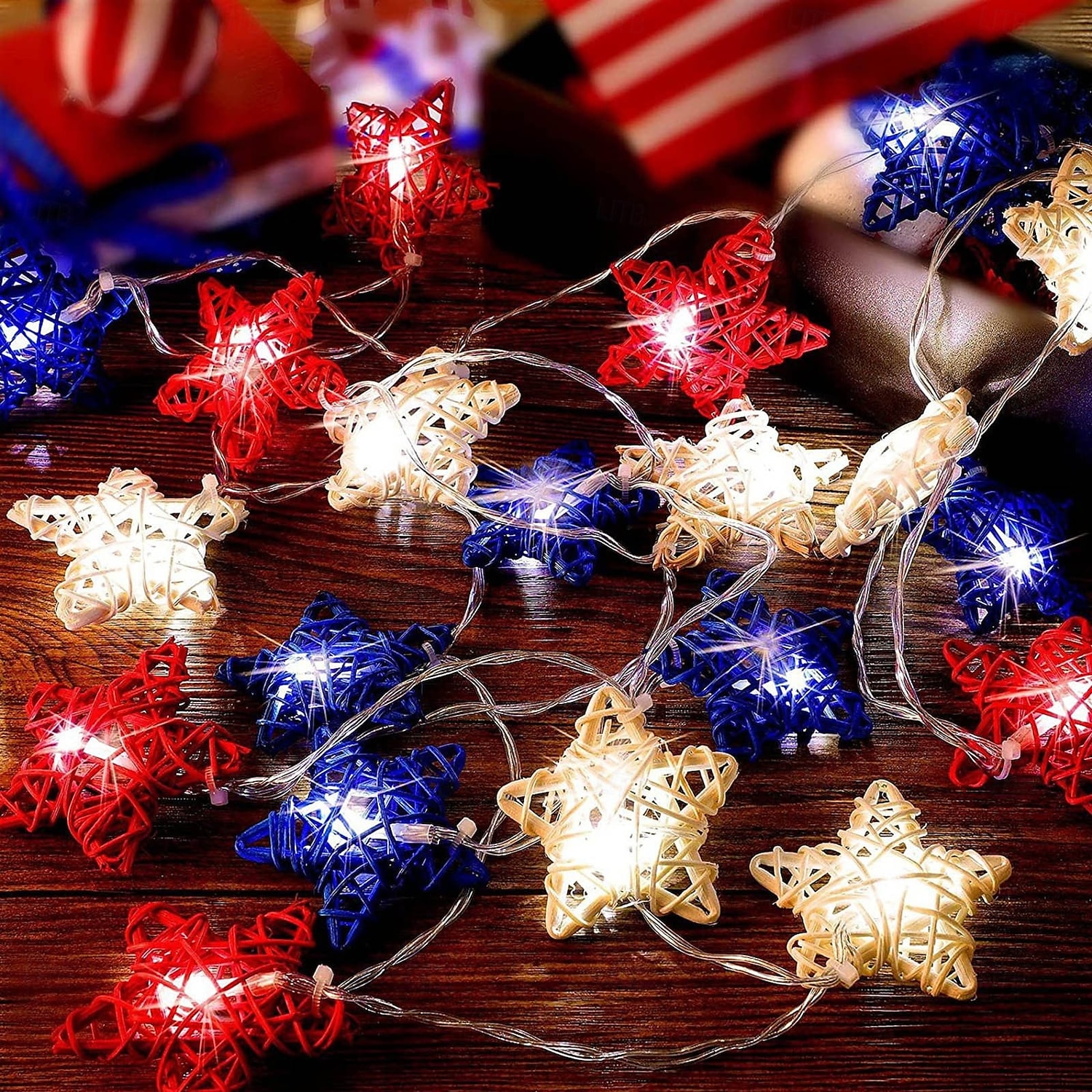 1 Pc 3M-20 LED Star String Lights Red, White, Blue Vine Weaving Pentagram Light String July 4th Independence Day Party Patriotic Atmosphere Decorative Light AAA Battery Box 2025 - $14.49 –P1