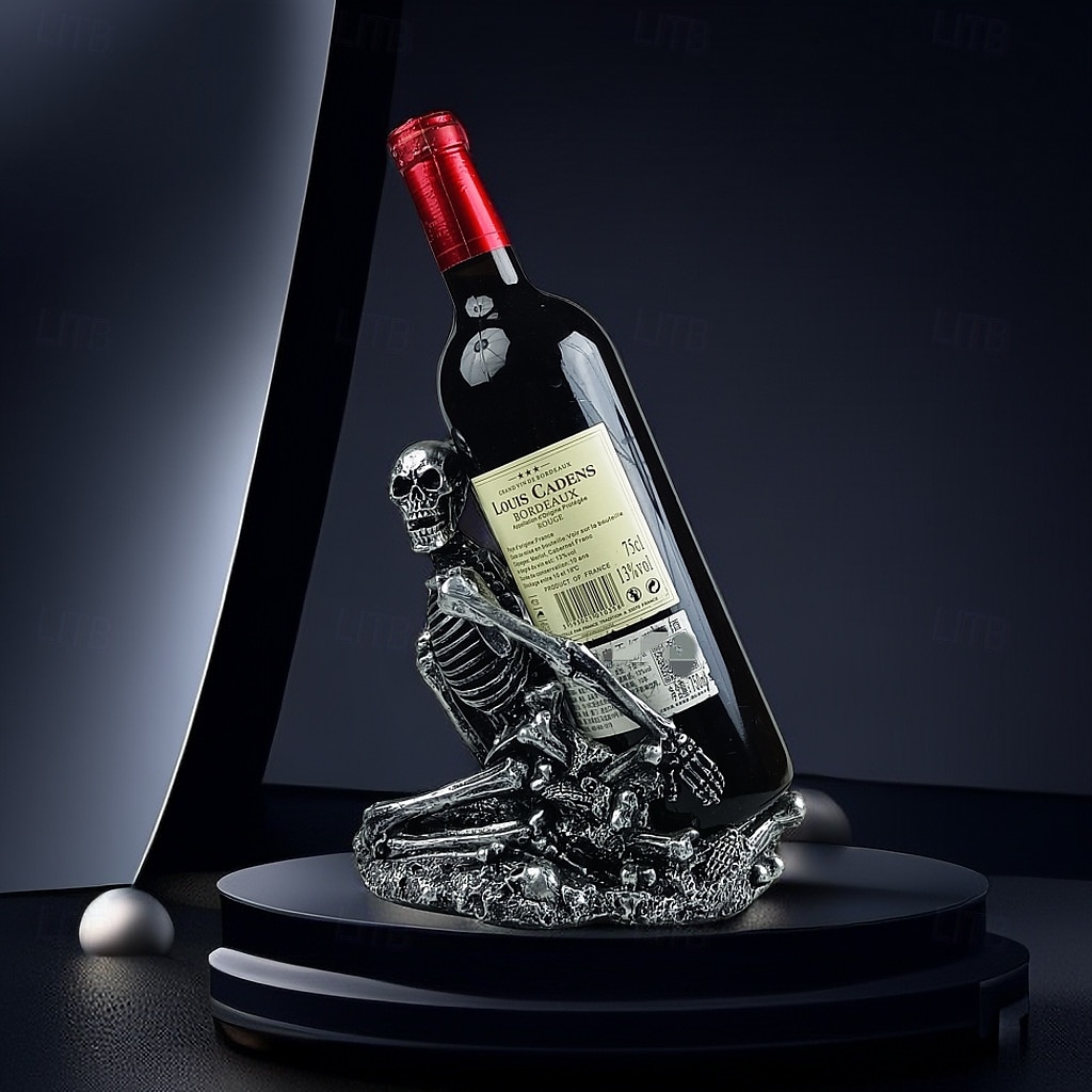 Portabotellas de vino con forma de calavera de Halloween, estante para vino con forma de calavera único, decoración espeluznante para el hogar, soporte creativo para botellas con esqueleto para 2025 - $25.99 –P3