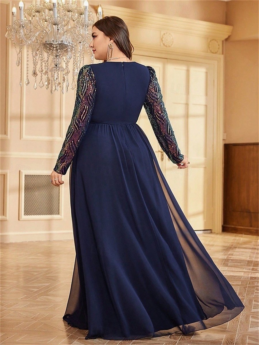 A-Line Plus Size Dresses Elegant Curve Dress Formal Wedding Floor Length Long Sleeve V Neck Chiffon with Sequin 2025 - $119.99 –P7