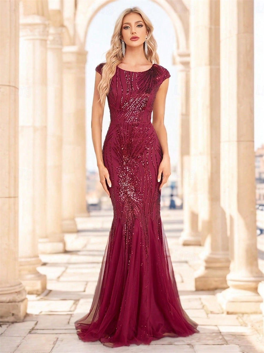 Vestidos de Quinceanera Elegantes Sereia  Trompete para Casamento Formal Comprimento Total Sem Mangas Decote Barco em Poliéster com Lantejoulas de 2025 por $99.99 –P10