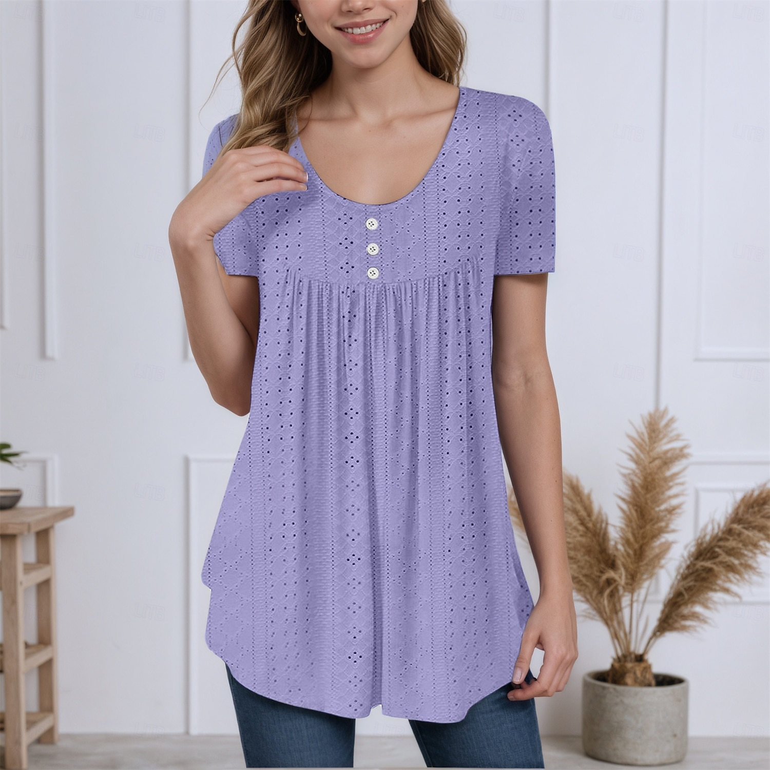 Women's Texture Blouse Eyelet Top Pointelle Tee Tunic Eyelet Buttons Asymmetrical Plain Stylish Casual Short Sleeve Crew Neck Long Tops Casual Daily Beach White Pink Purple Green Light Blue Summer 2026 - $25.99 –P4