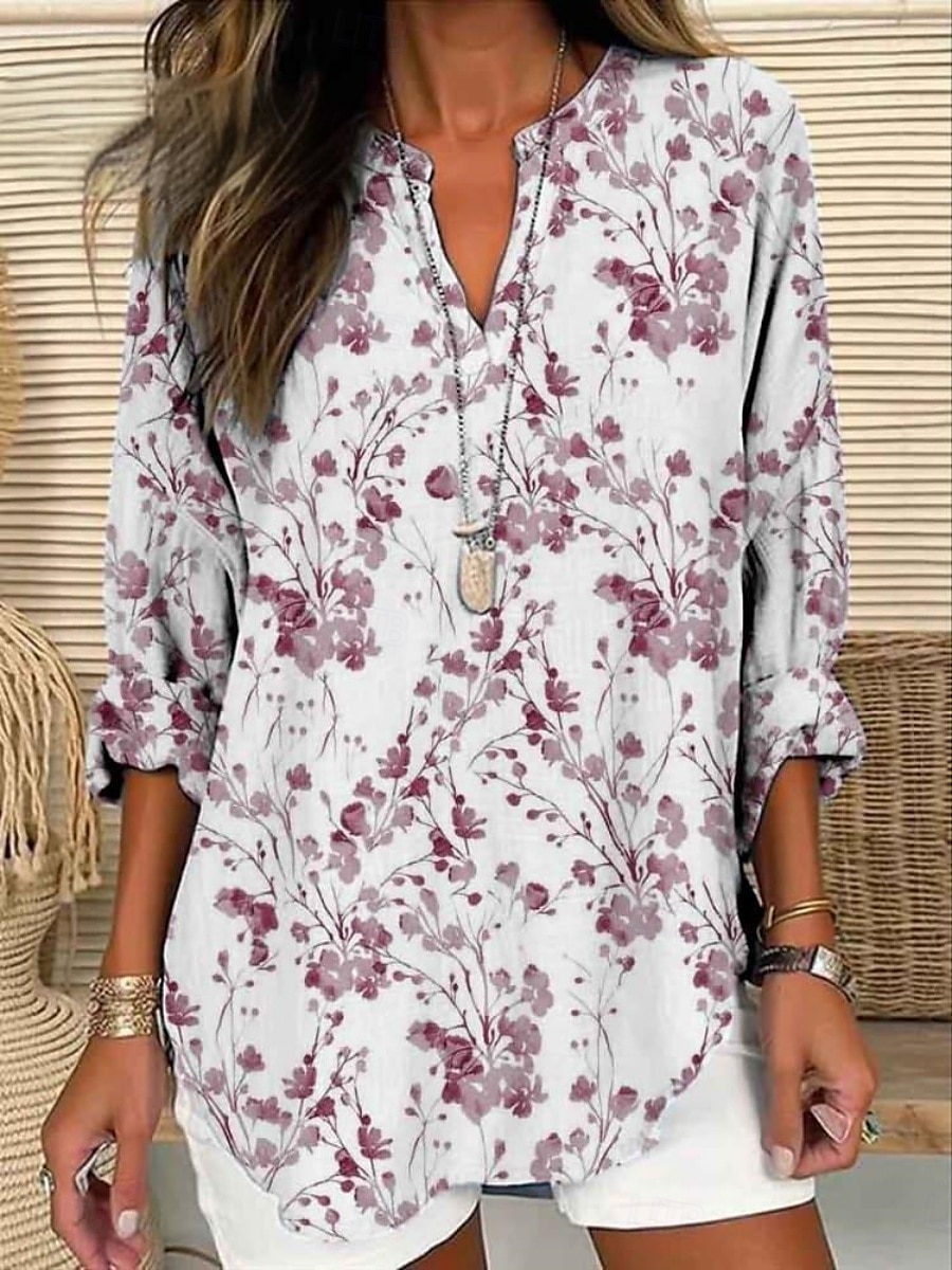 Femmes Chemise Fleuri Élégant Moderne manche longue Col en V Hauts Réguliers Quotidien Fête Boutons Imprimé Rose Claire Violet Vert Beige Été de 2025 ? $24.99 –P1