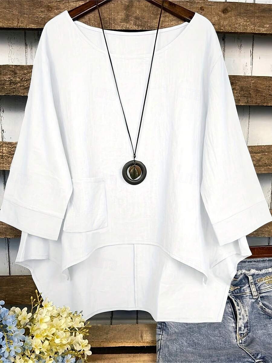 Women's Cotton Linen Blouse Solid Color Elegant Casual 3/4 Length Sleeve Crew Neck Boat Neck Regular Tops Daily Holiday Black White Navy Blue Green Summer Fall 2025 - $31.99 –P3