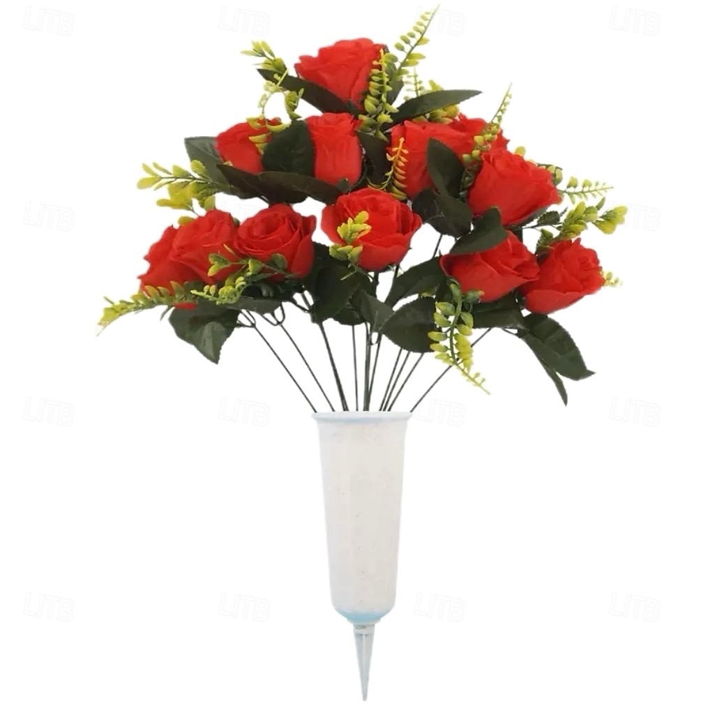 Grave and Memorial Artificial Flowers, 12 Heads Peacock Rose Half Bouquet with Vase, Faux Silk Floral Arrangement for Cemetery Decoration and Outdoor Use 2025 - $13.99 –P5