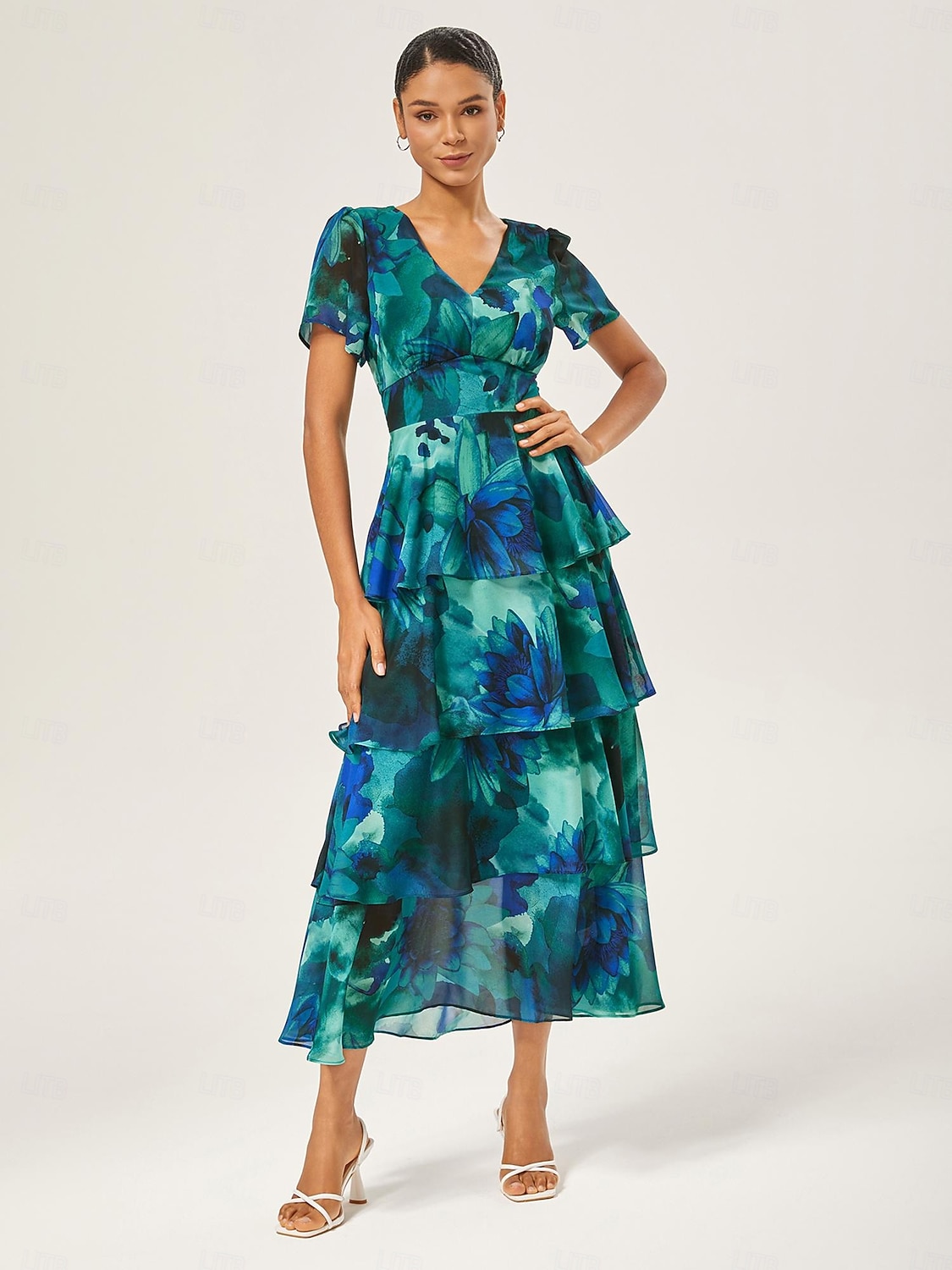 női esküvői vendégbuli maxi sifon ruha v nyakú, lenge többszínű, virágmintás, sötétzöld, vintage elegáns, egy vonalú, többszínű, fodros, tortaszoknya, derékban szűkített, rugalmas hátrészű ruha 2025 - $82.99 –P2