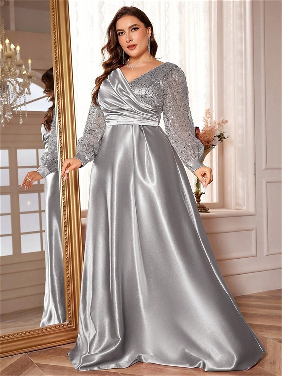 Robe A-Line Grande Taille Élégante Robe Courbe De Mariage Formelle Longue Au Sol Manches Longues Col en V En Polyester Avec Plis 2025 de 2025 ? $119.99 –P32