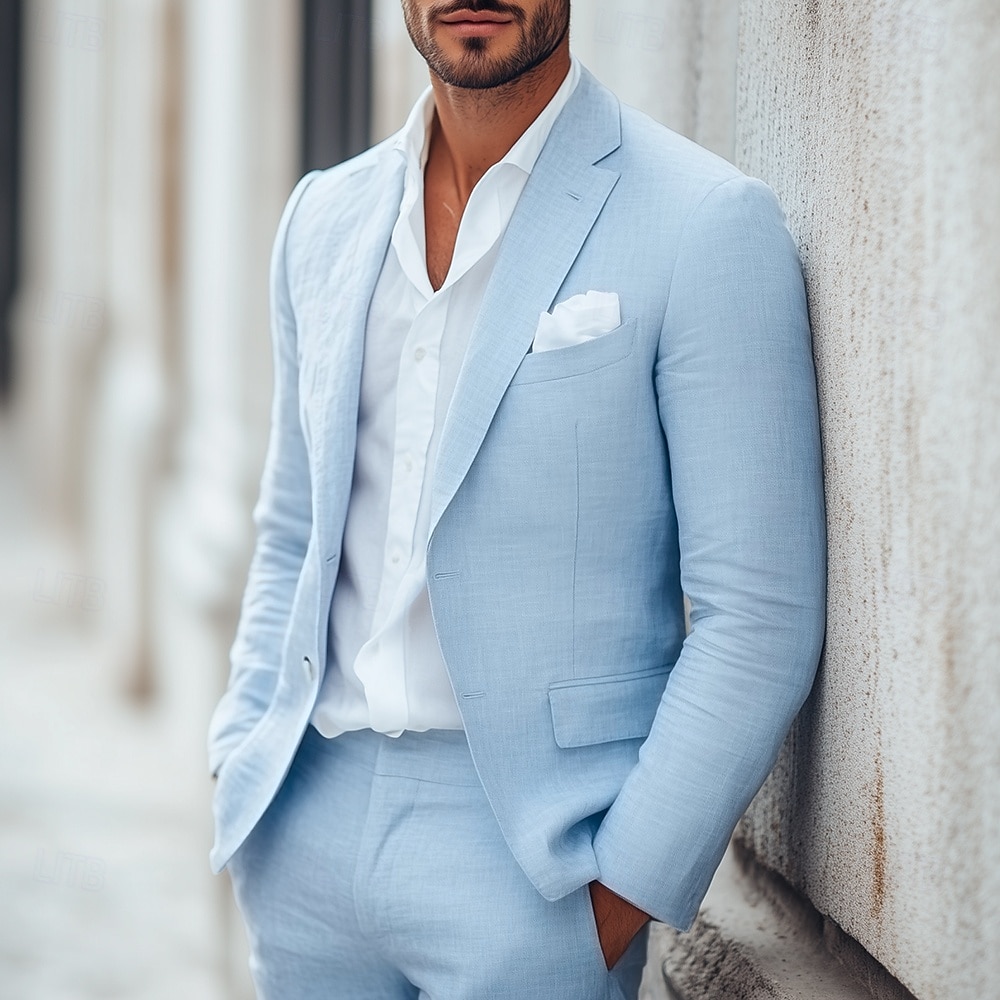 Uomo Matrimonio Affari Completi in Lino Rosa Verde salvia Leggero Casual Tinta unita Vestibilità aderente 2 pezzi Monopetto a un bottone del 2025 a $116.99 –P2