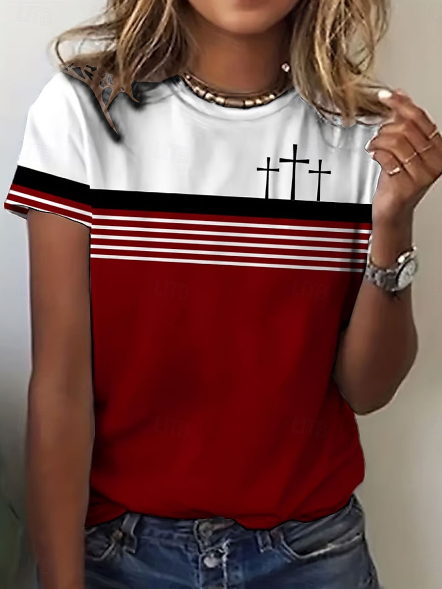 Femmes T-shirt Graphique Rayé ancien Élégant Classique Manche Courte Col ras du cou Hauts Réguliers Quotidien Week-end Imprimé Rouge Bleu Marron Été Printemps de 2025 ? $19.99 –P1