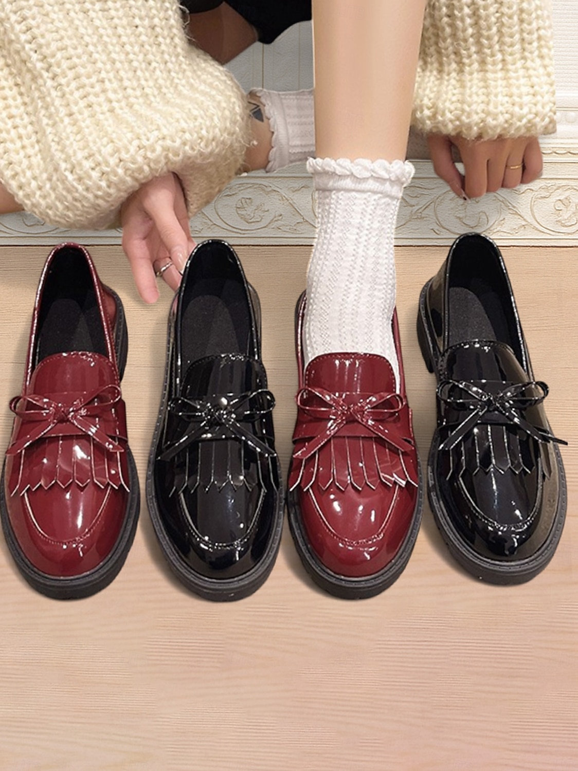 Loafers in pelle verniciata bordeaux per donna con nappa e fiocco scarpe flat vintage per uscite casual e uso quotidiano del 2026 a $29.99 –P2