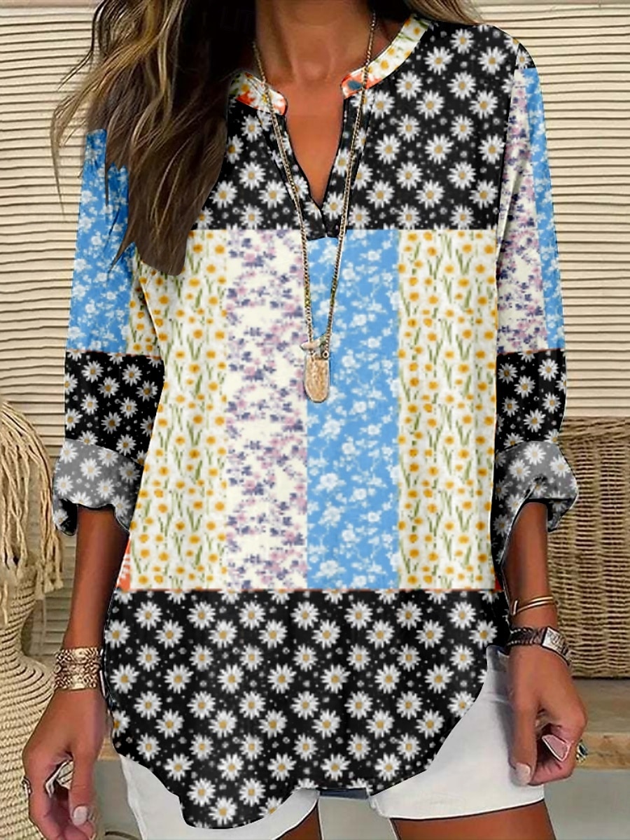 Women's Blouse Floral Stylish Modern Long Sleeve V Neck Regular Tops Daily Holiday Print Black White Summer 2025 - $22.99 –P2