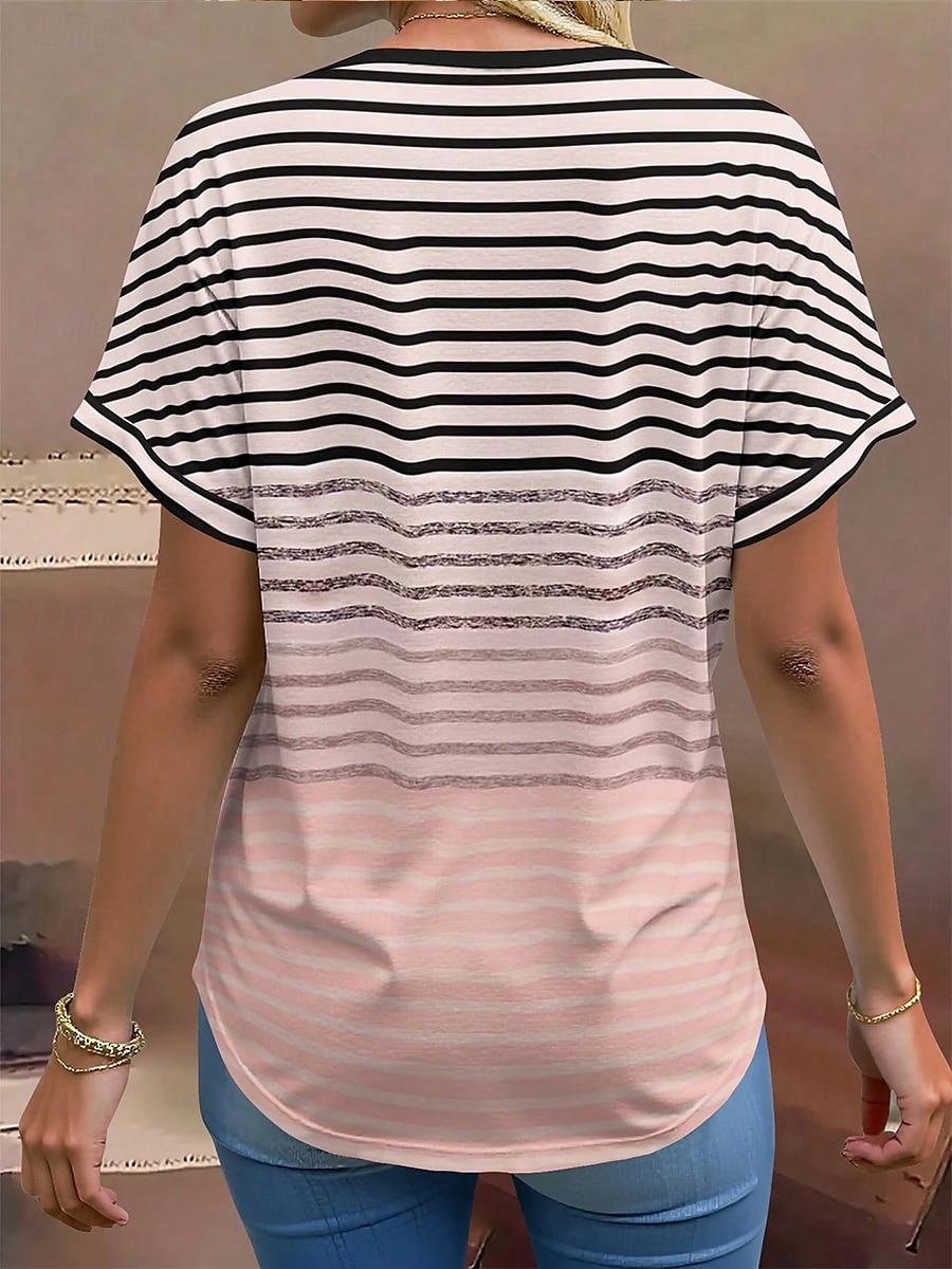 Women's T Shirt Graphic Geometric Striped Stylish Modern Casual Short Sleeve V Neck Regular Tops Daily Print Pink Blue Purple Green Summer Spring 2025 - $19.99 –P2