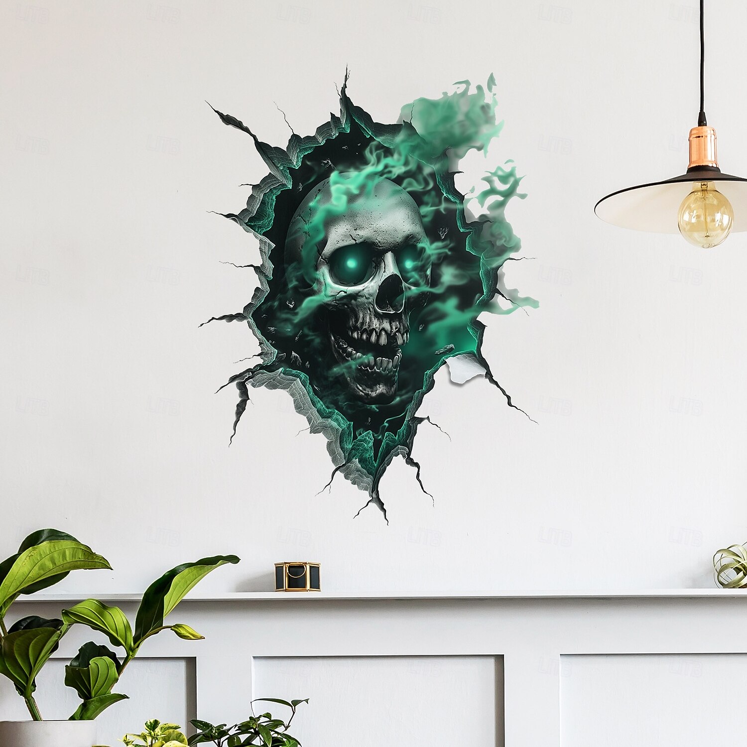 Halloweenská samolepka na zeď 3D lebka realistický děsivý průlomový design lebky, samolepicí bytová dekorace do obývacího pokoje sváteční atmosféra 2025 - $6.49 –P1