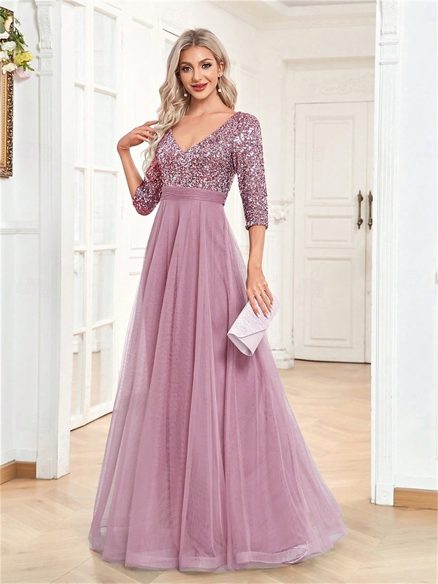 A-linjainen Quinceanera-Mekot Elegantti Mekko Virallinen Häät Lattiapituus Puolihihainen V-kaula-aukko Tylli Strassilla 2025 - $99.99 –P16