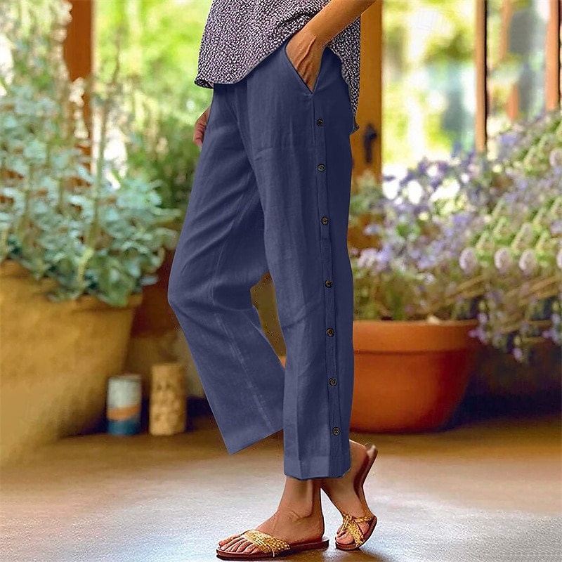 Damen Hose aus Baumwollleinen Abgeschnittene Hose Mode Lässig Knöchellang Mittlere Taille Einfach Elastischer Bund Atmungsaktiv Bequem Straße Alltagskleidung Ausgehen Schwarz Weiß Marineblau 2025 - $25.99 –P3
