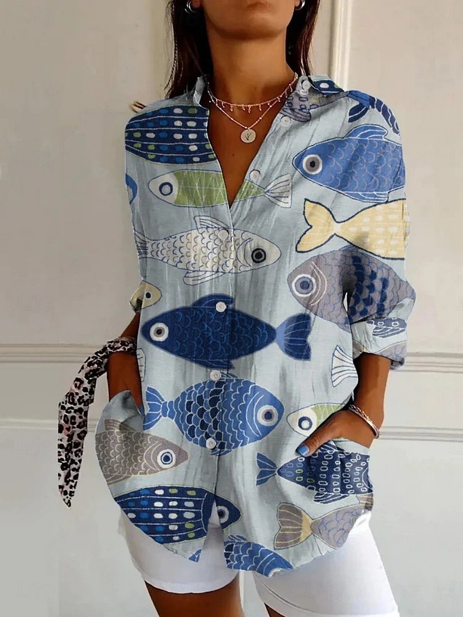 Dames Overhemd Bloemig Grafisch Actief Dagelijks Stijlvol Lange mouw Overhemdkraag Normale tops Dagelijks Feestdagen Knop Afdrukken Wit Rood Marineblauw blauw Khaki Lente Herfst 2025 - $25.99 –P4
