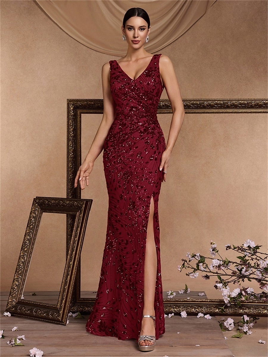 Robe de quinzième anniversaire sirène  trompette élégante robe formelle invitée de mariage longueur sol sans manches décolleté en V sequins dos en V avec fente en sequins de 2025 ? $109.99 –P8
