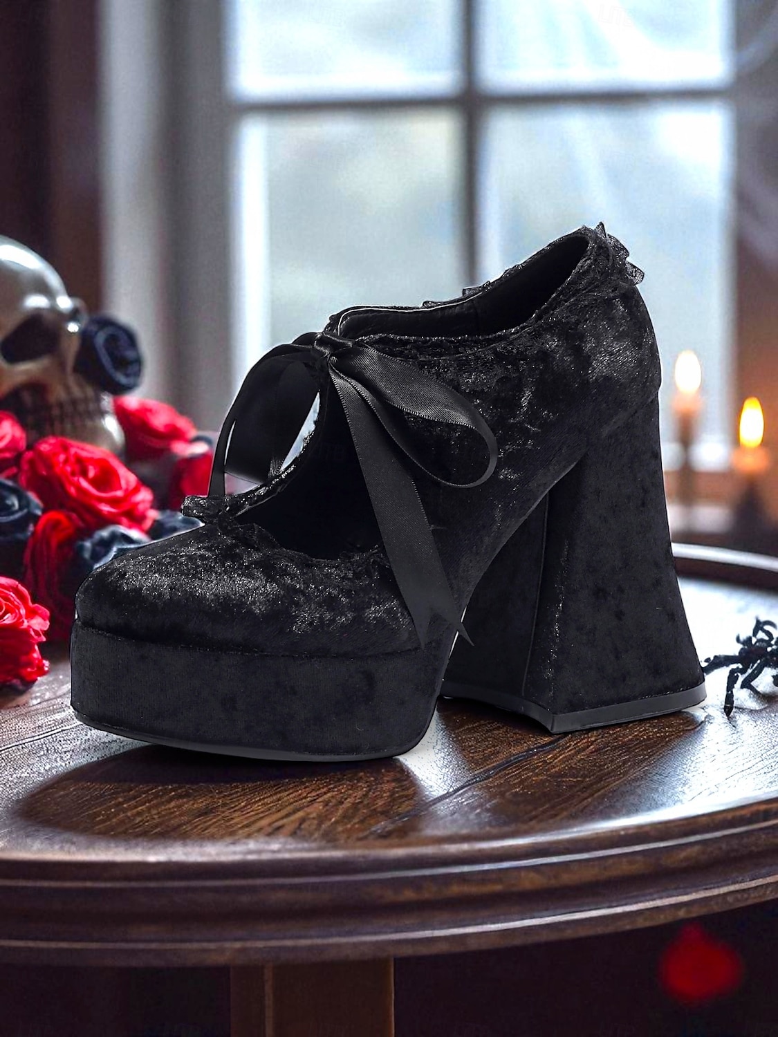 Scarpe con plateau in velluto in stile vittoriano gotico del XIX secolo da donna - décolleté mary jane bordeaux con rifiniture in pizzo e nastro per Halloween, cosplay e moda lolita del 2025 a $64.99 –P1