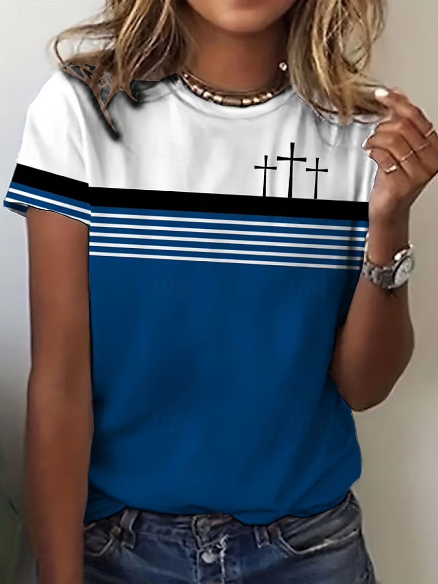 Femmes T-shirt Graphique Rayé ancien Élégant Classique Manche Courte Col ras du cou Hauts Réguliers Quotidien Week-end Imprimé Rouge Bleu Marron Été Printemps de 2025 ? $19.99 –P2