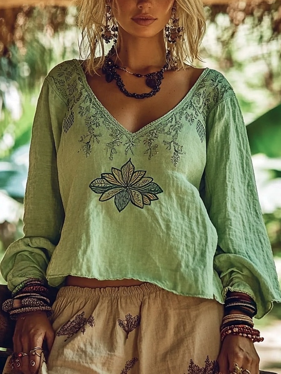 camicetta da donna in stile western, stile boho, con fiori, moderna, casual, a maniche lunghe, scollo a V, normale, per tutti i giorni, per le vacanze, per uscire, stampa verde, estate, autunno. del 2025 a $21.99 –P1