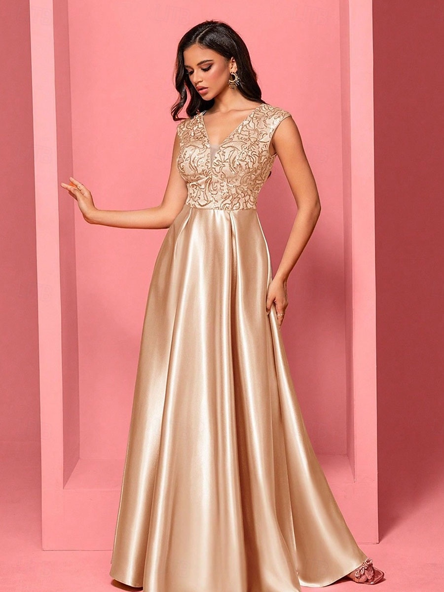 A-Linje Quinceanera Klänningar Elegant Klänning Formell Bröllop Golvlängd Ärmös V-Hals Polyester med Veck 2025 - $109.99 –P4