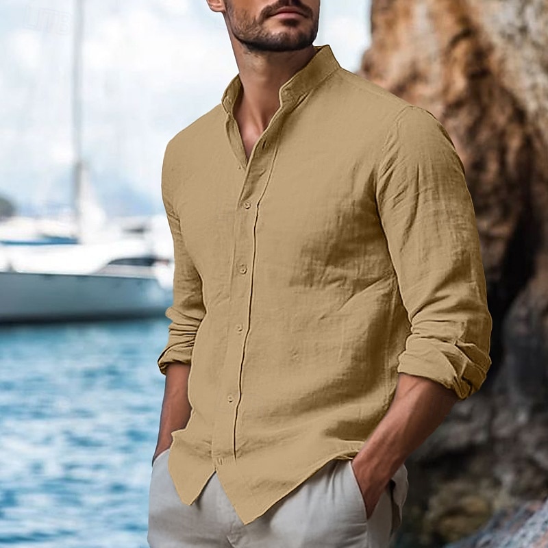 Herren Hemd Leinenhemd Stehkragenhemd Sommerhemd Strandbekleidung Freizeithemd Einfarbig Urlaub Kreuzfahrt Schwarz Weiß Blau Khaki Langarm Kragen Bekleidung 2025 - $23.99 –P3