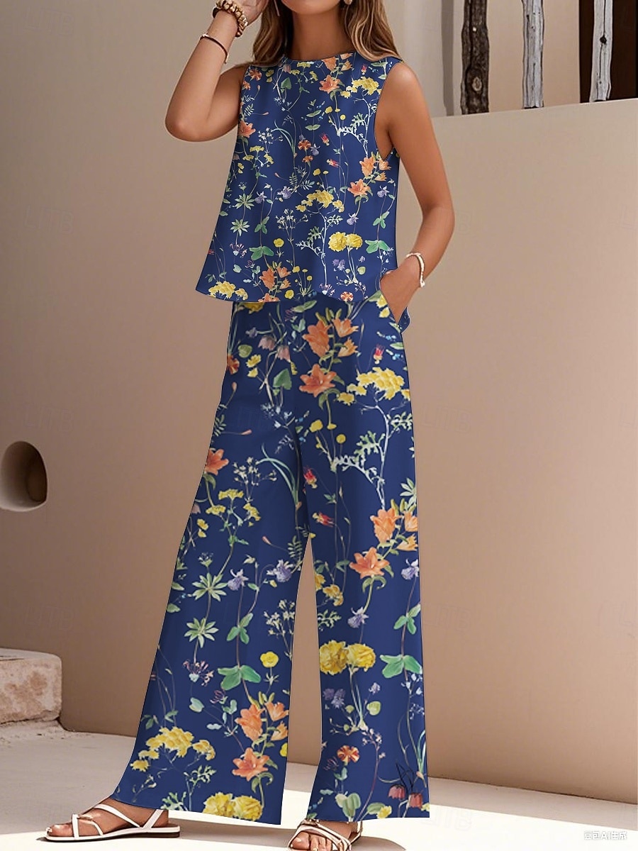 Ensemble deux pièces élégant pour femme, mode streetwear, chemisier, gilet, pantalon, sans manches, col ras du cou, extérieur, travail, décontracté, imprimé floral, vacances, quotidien, vacances, blanc, bleu marine, bleu, été, coupe régulière de 2025 ? $36.99 –P3